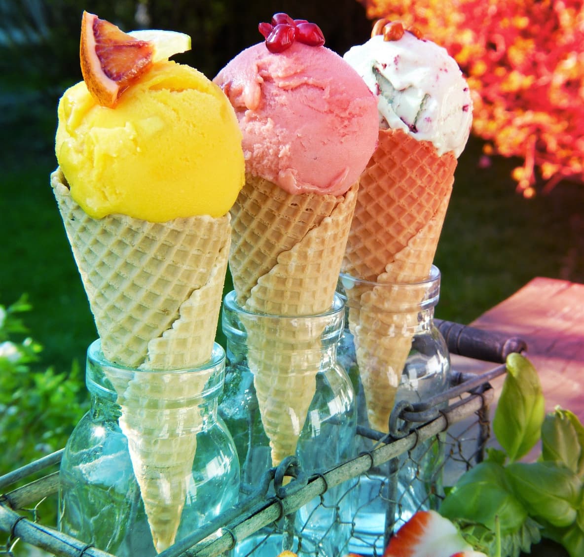 three ice creams in cones