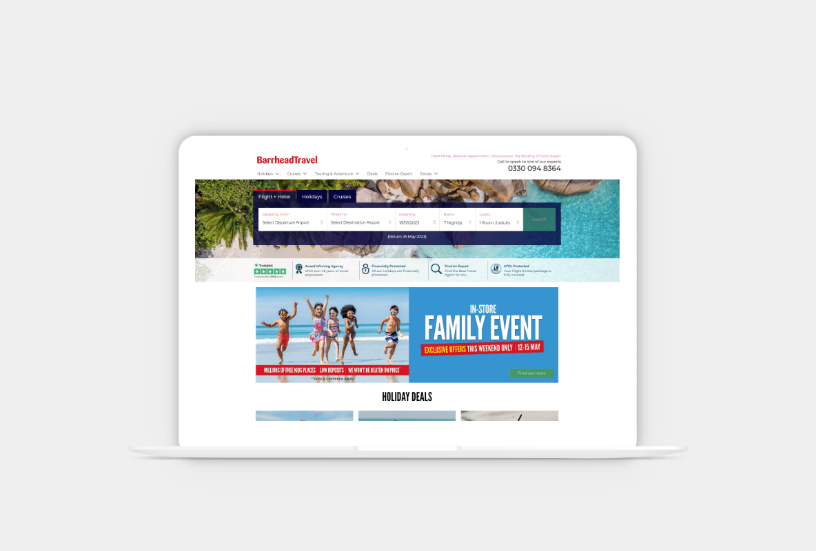 An image of Barrhead Travel's landing page on a clay device