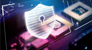 An illustration of a digital security shield with a lock over a computer chip, representing technology security.
