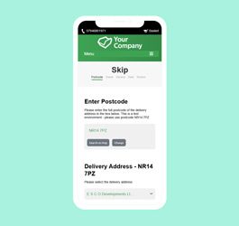 Kodawaste address search demo displayed on a phone sat on a green background.
