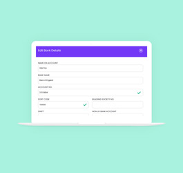 An illustration of a laptop displaying a bank details form interface.