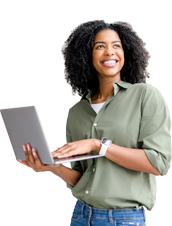 Woman with laptop checking customer data in CRM system