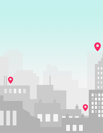 An illustration of a city scape with address markers pointing to certain buildings